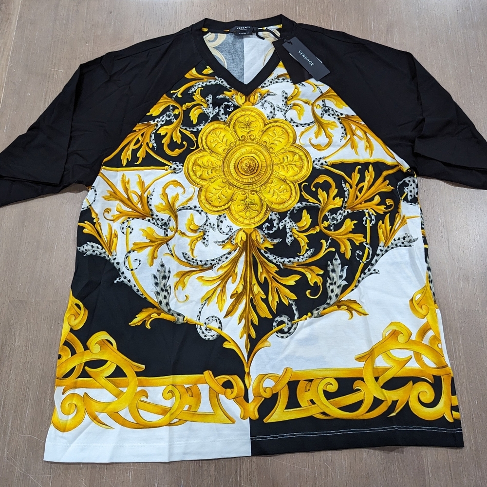 Versace Short Sleeve Tee in Black, White, and Gold